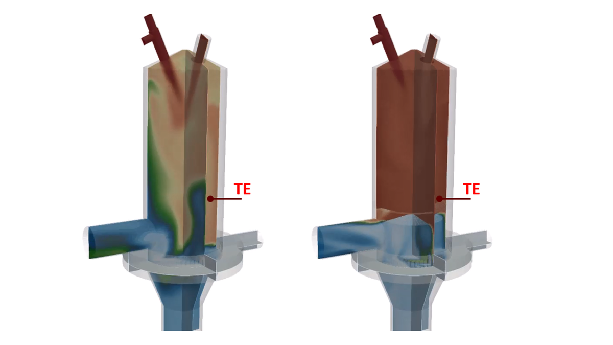 Gas temperature distribution in the combustion chamber before and after installation of the baffle plate Gas temperature distribution in the combustion chamber before and after installation of the baffle plate