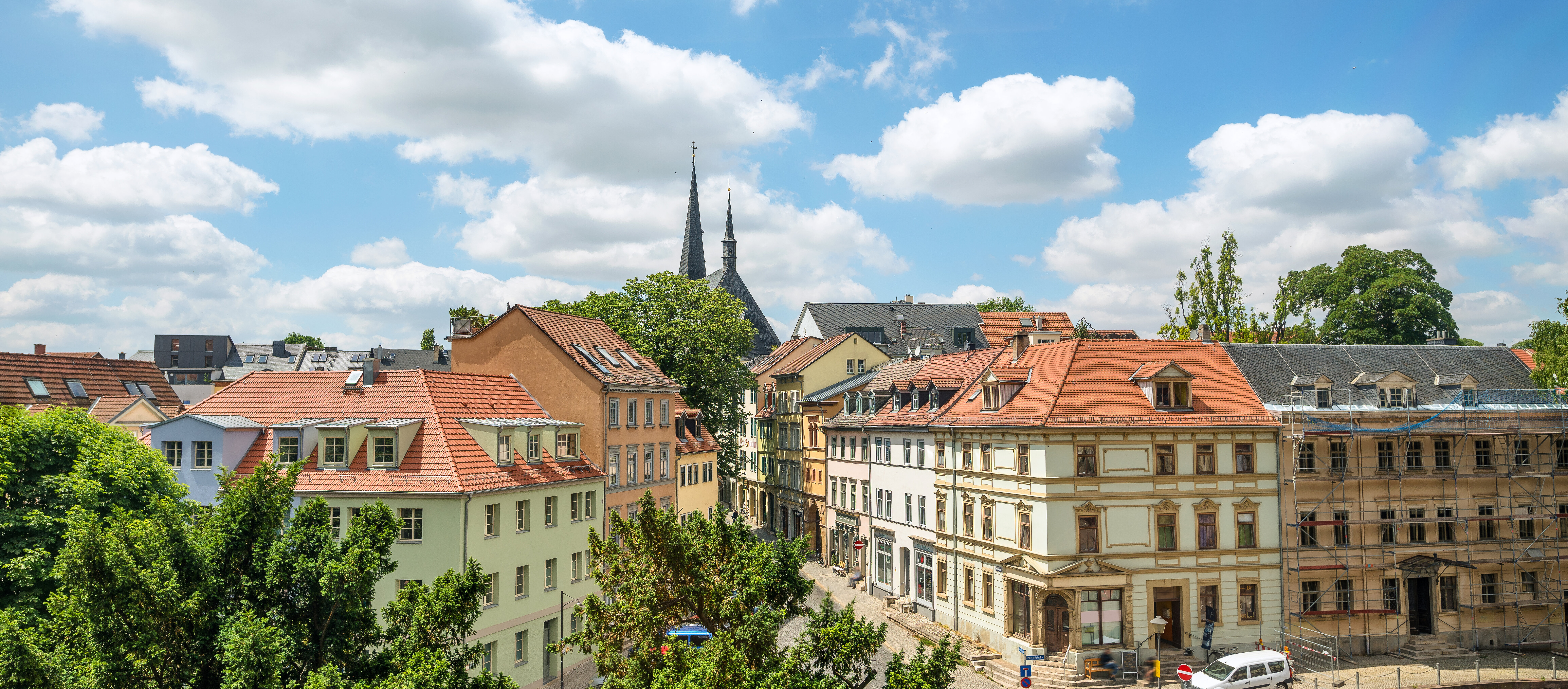 Weimar skyline with Herder city church St. Peter and Paul in view from city palace and beautiful scenic lanes
