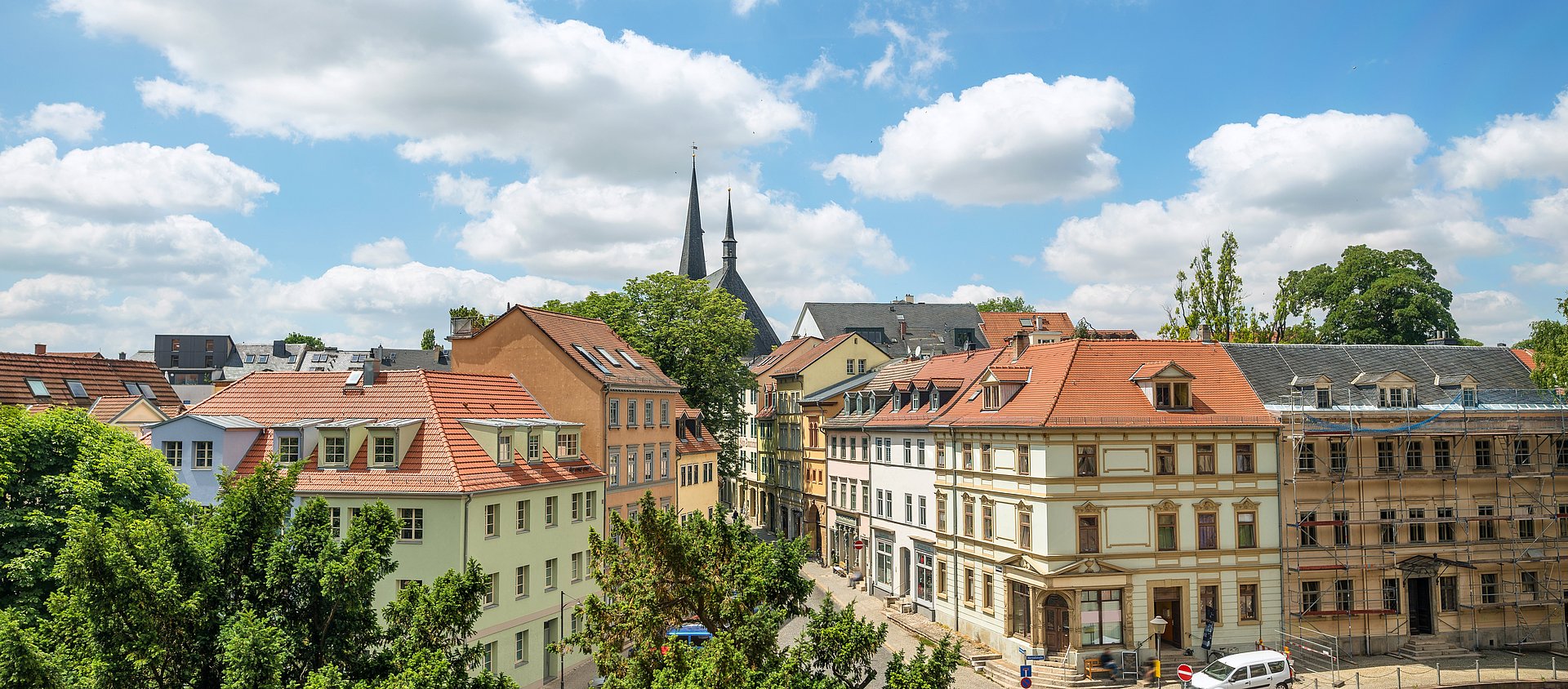 Weimar skyline with Herder city church St. Peter and Paul in view from city palace and beautiful scenic lanes