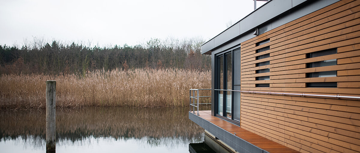 Modern houseboat near Bitterfeld-Wolfen on a beautiful lake with reeds Modern houseboat near Bitterfeld-Wolfen on a beautiful lake with reeds
