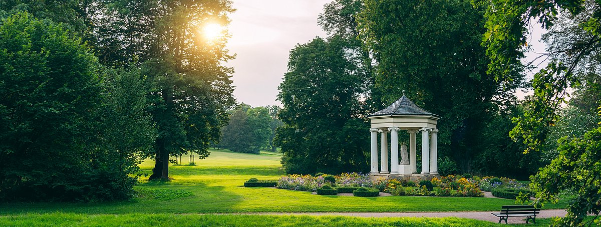 Park Tiefurt at the river Ilm near Weimar, beautiful landscape with pavilion in the sunset